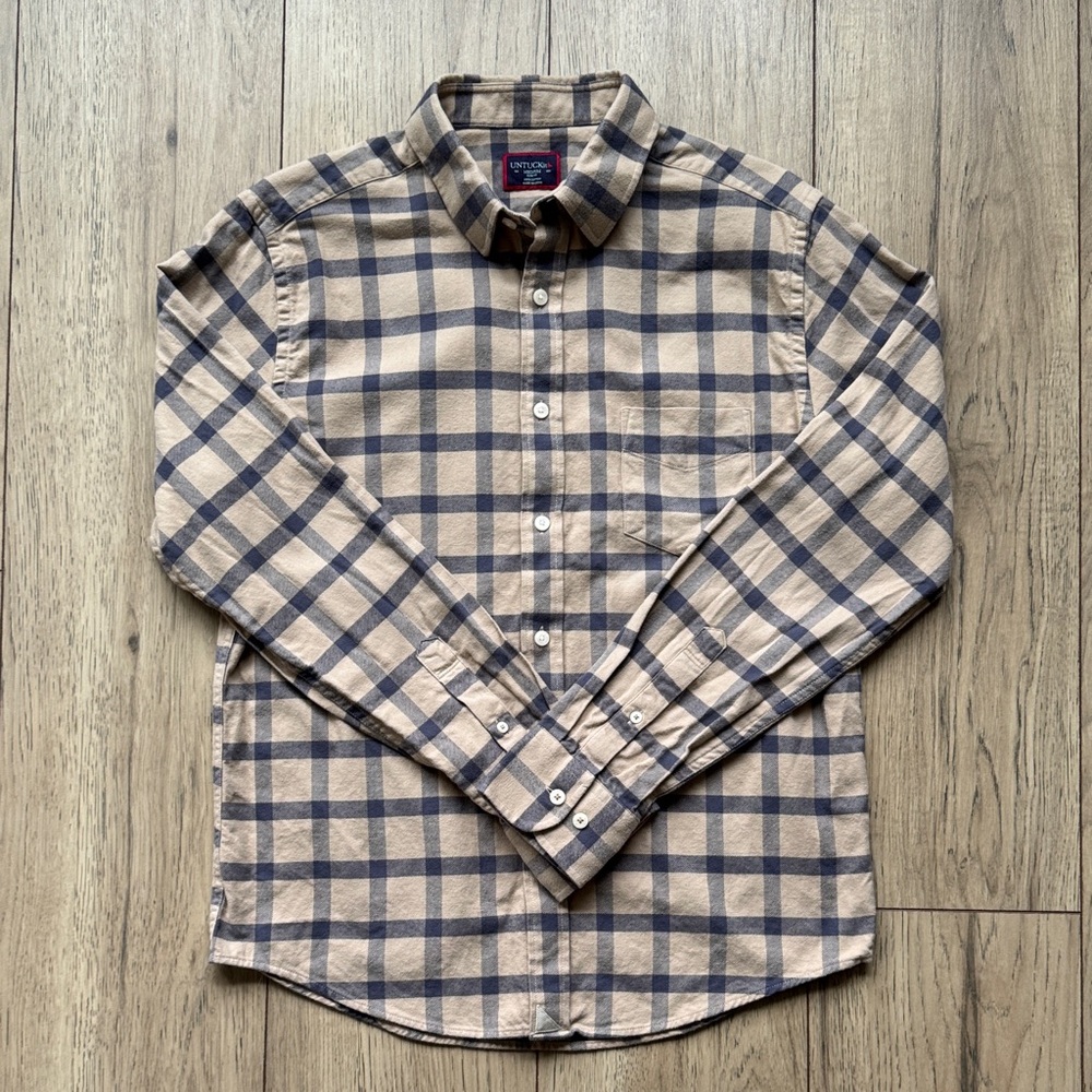 UNTUCKit Barnard Mens Medium Slim Tan Plaid Button Down Shirt Casual Cotton